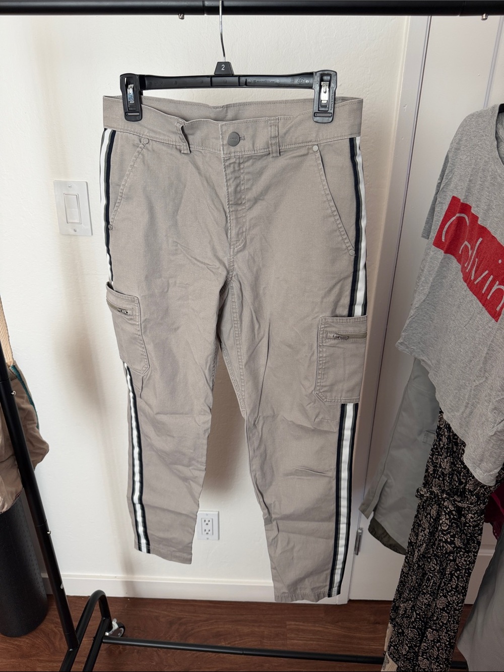 Athleta Taupe Boyfriend Jeans with Black & White Side Stripes